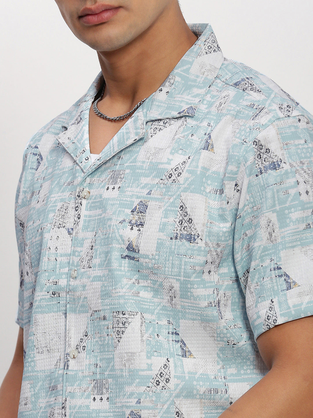 Men Blue Abstract Cuban Collar Shirt