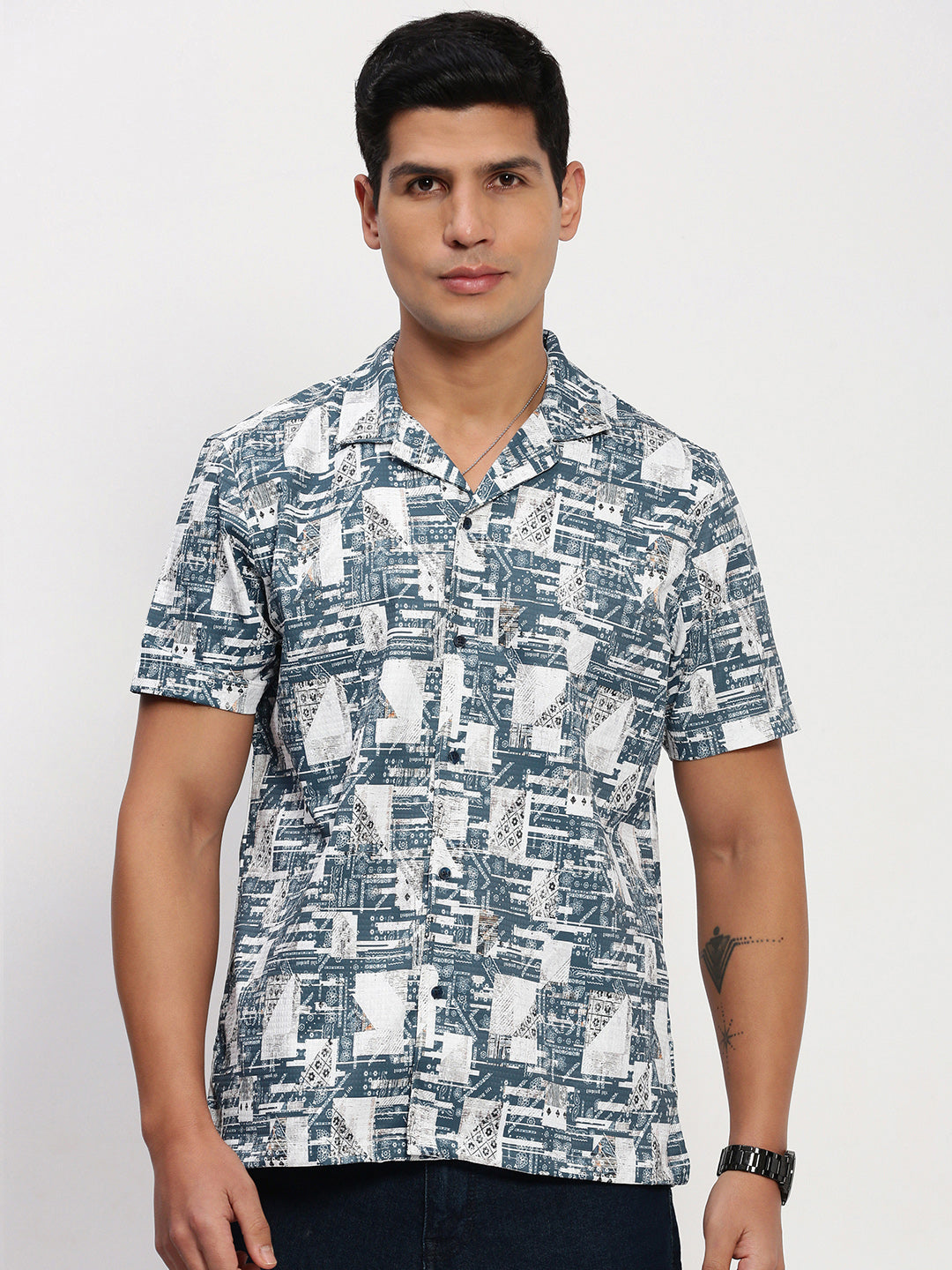 Men Blue Abstract Cuban Collar Shirt