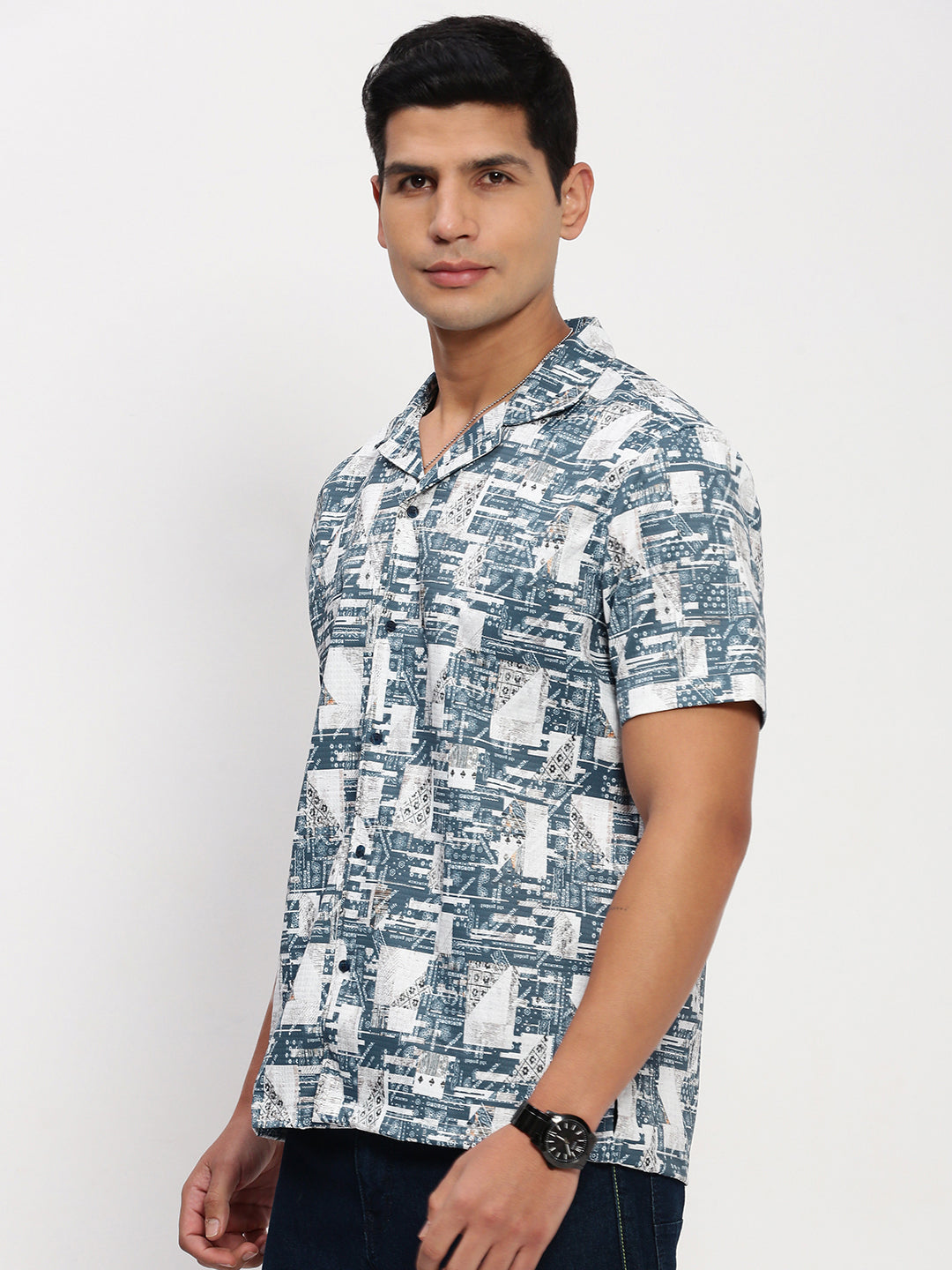 Men Blue Abstract Cuban Collar Shirt