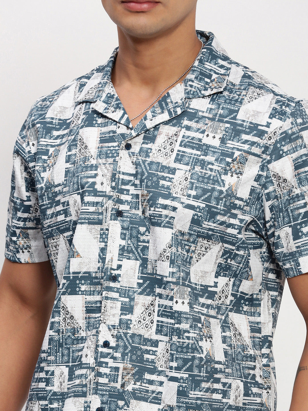 Men Blue Abstract Cuban Collar Shirt