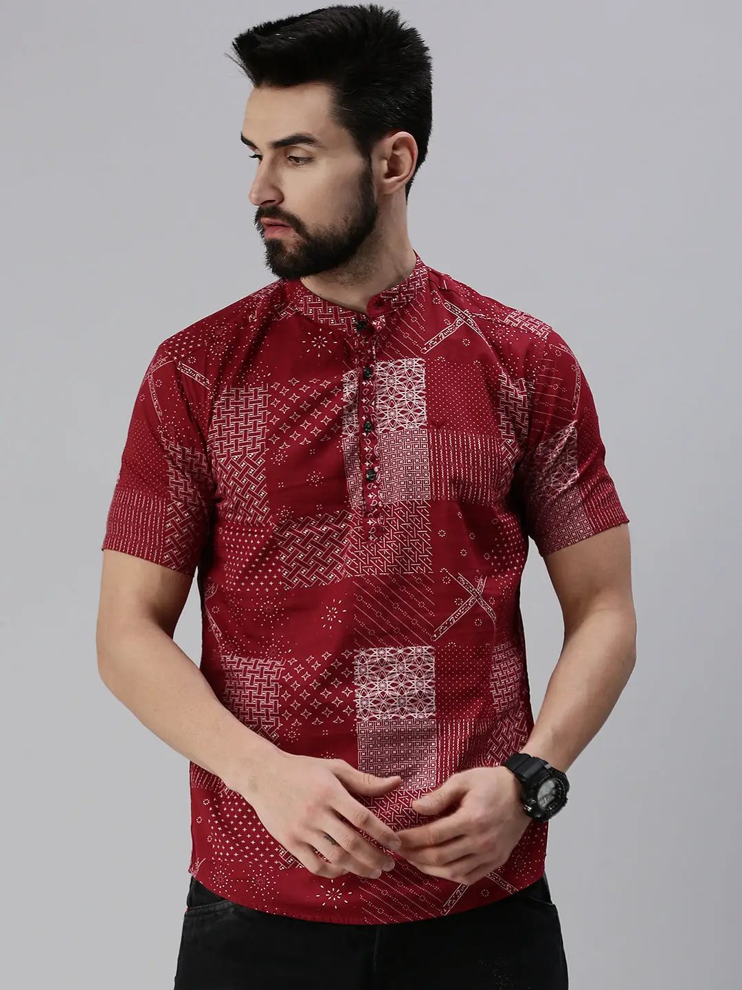 Men's Mandarin Collar Printed Maroon Straight Shirt