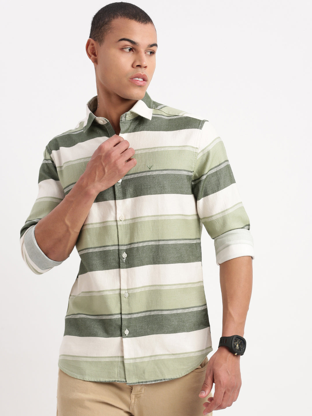 Men Horizontal Stripes Green Shirt