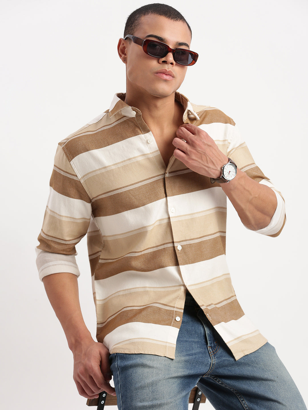 Men Horizontal Stripes Brown Shirt