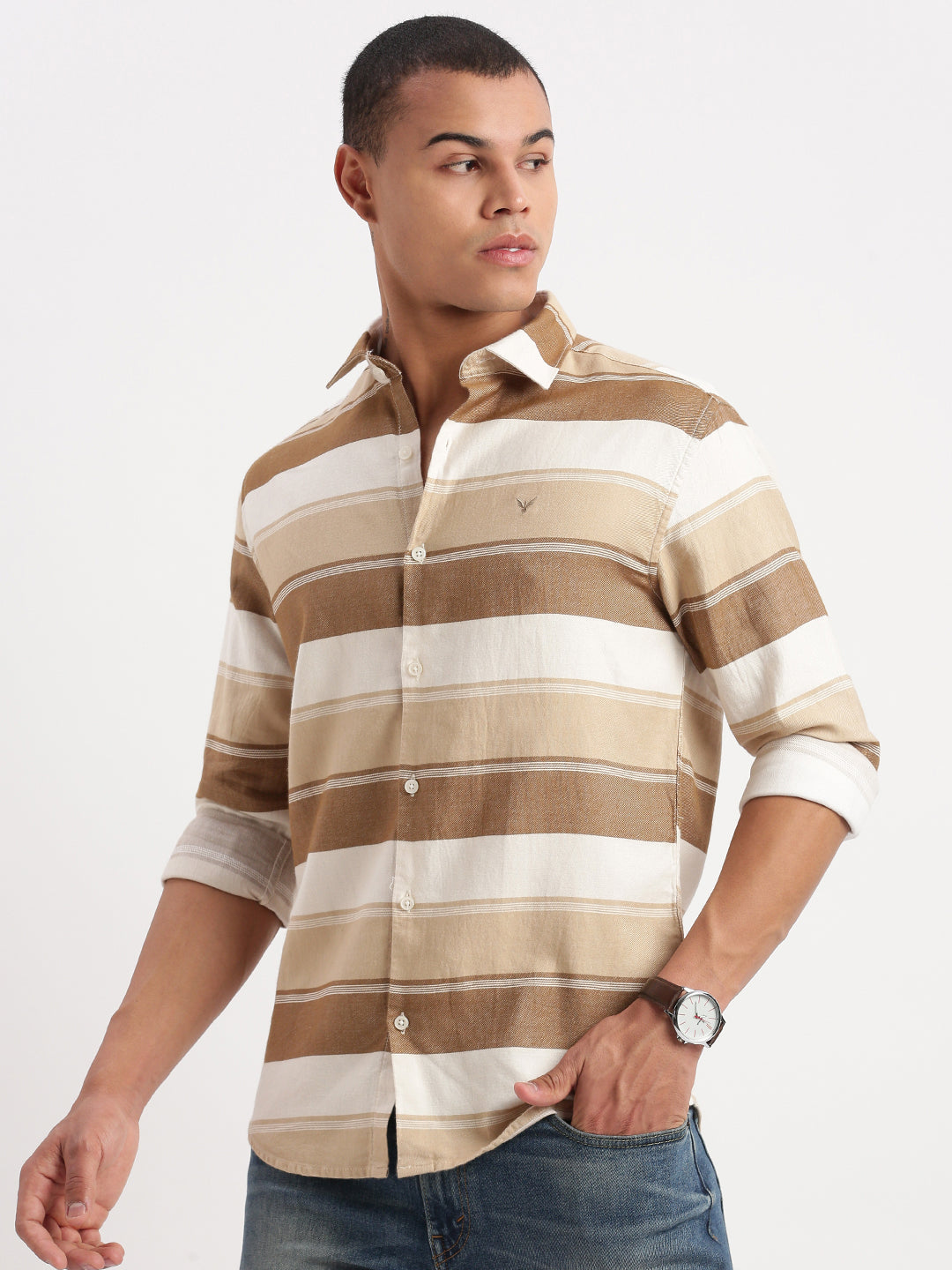 Men Horizontal Stripes Brown Shirt