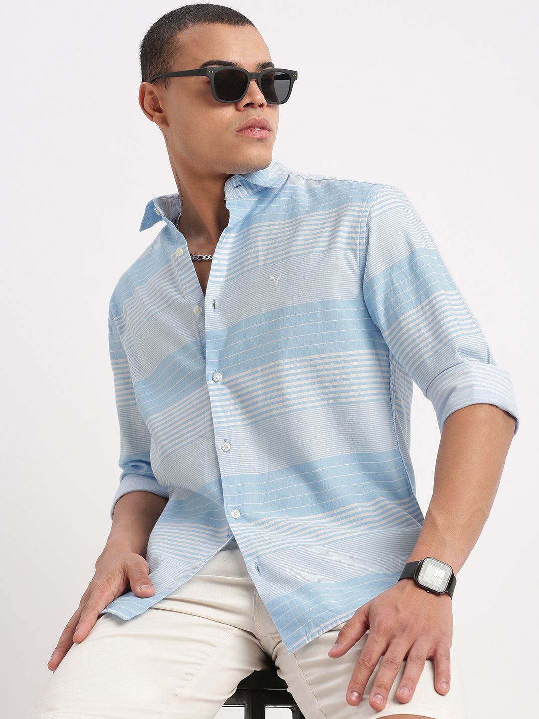 Men Horizontal Stripes Blue Shirt