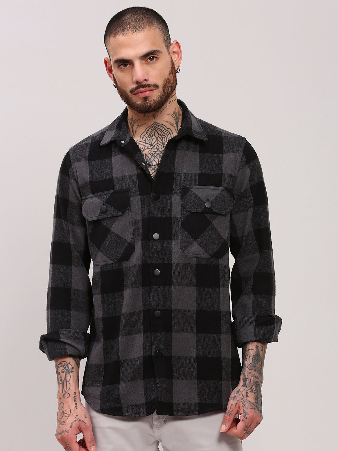 Men Grey Checked Shacket