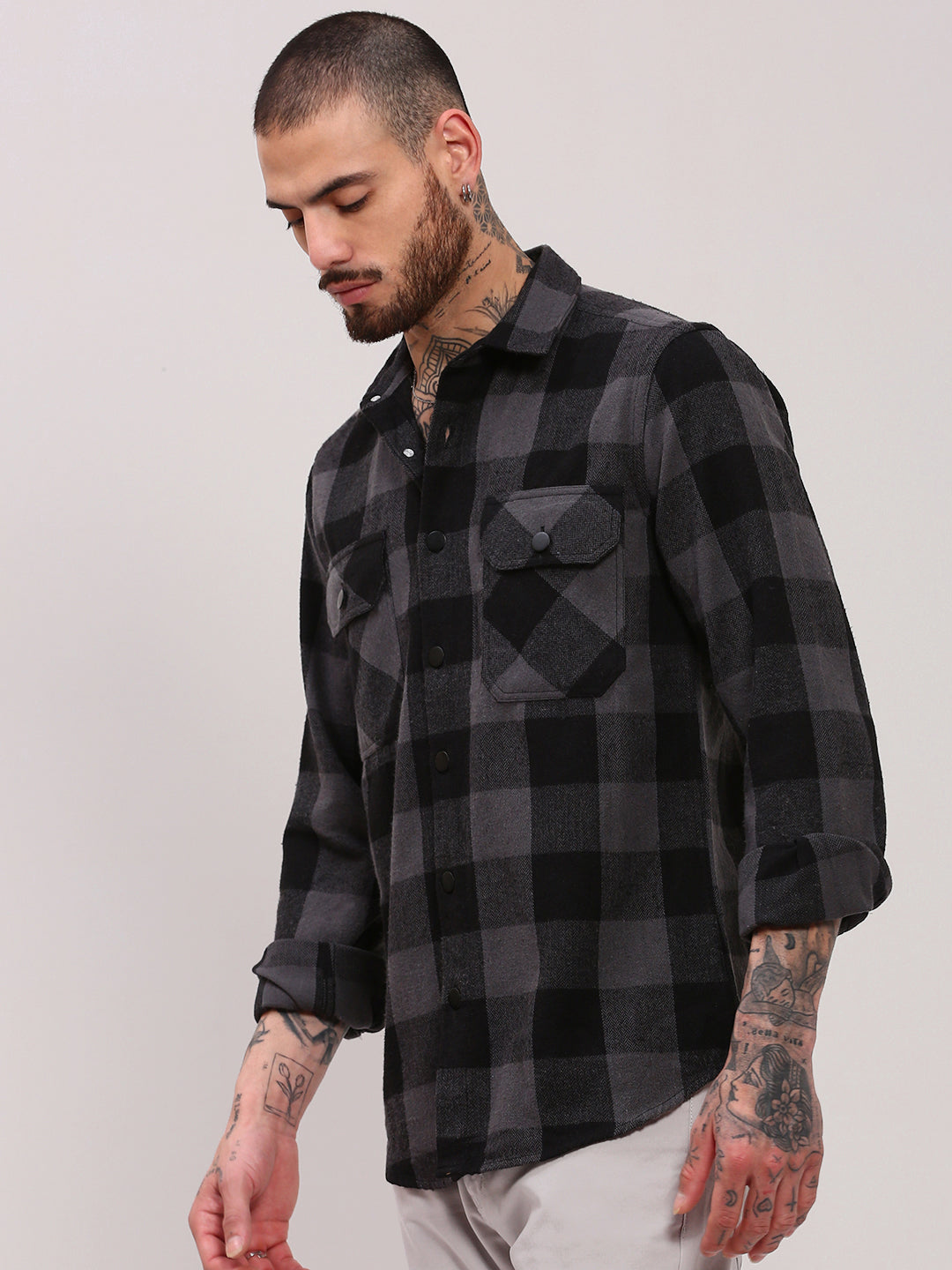 Men Grey Checked Shacket