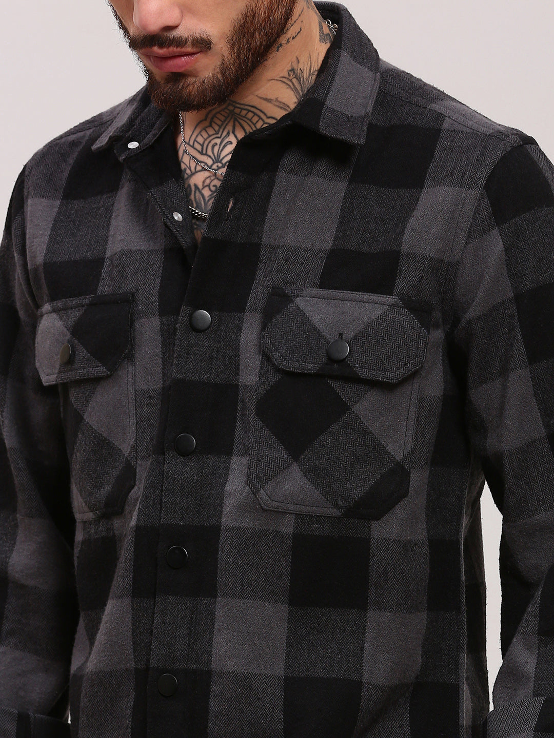 Men Grey Checked Shacket