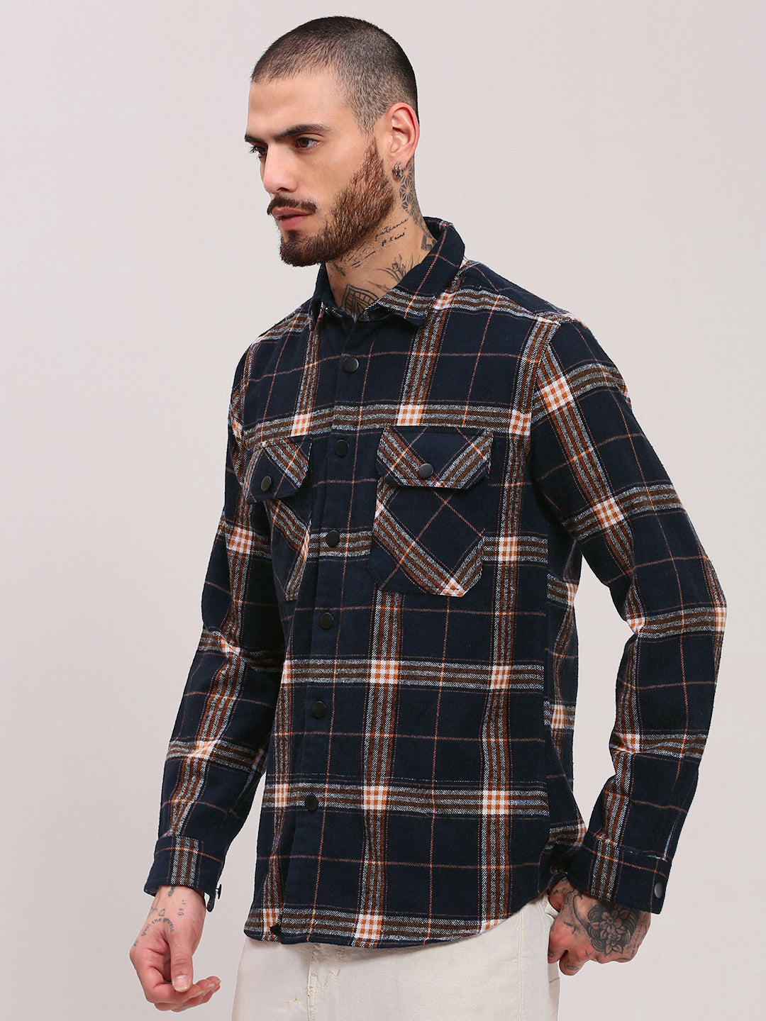 Men's Checked Navy Blue Button Down Shacket