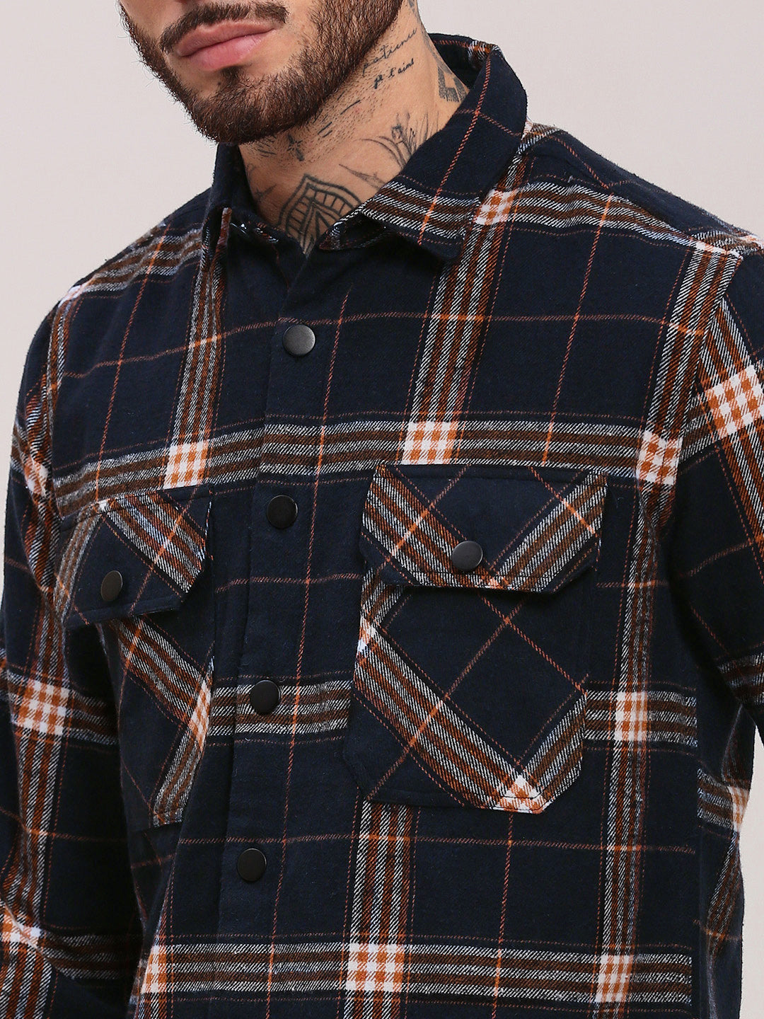 Men's Checked Navy Blue Button Down Shacket