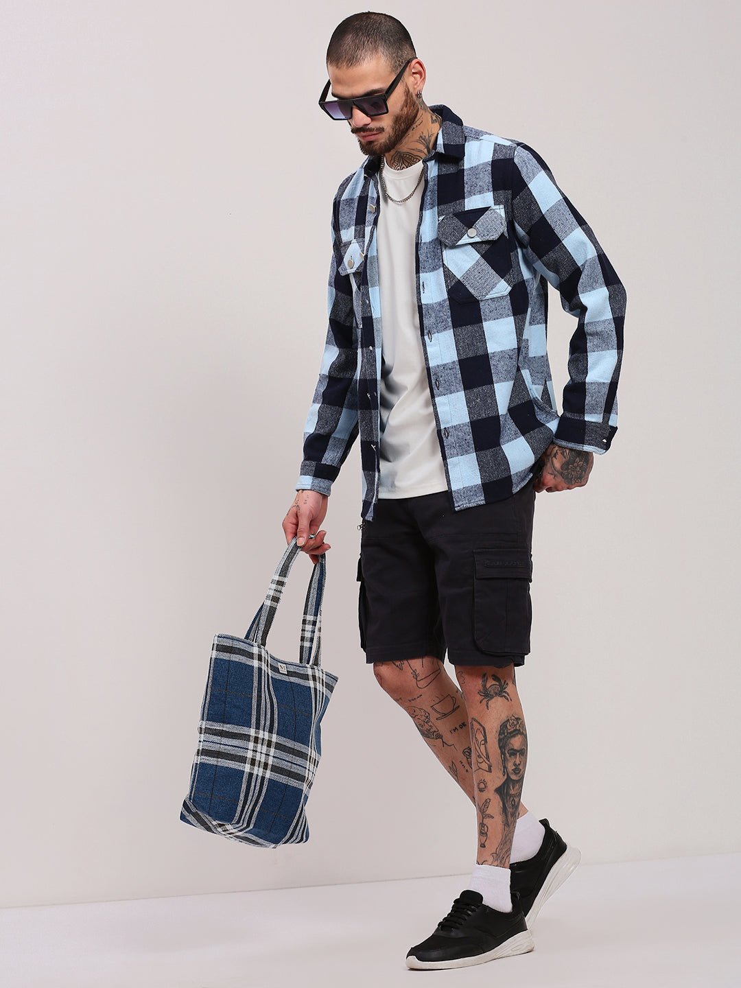 Men Blue Checked Shacket