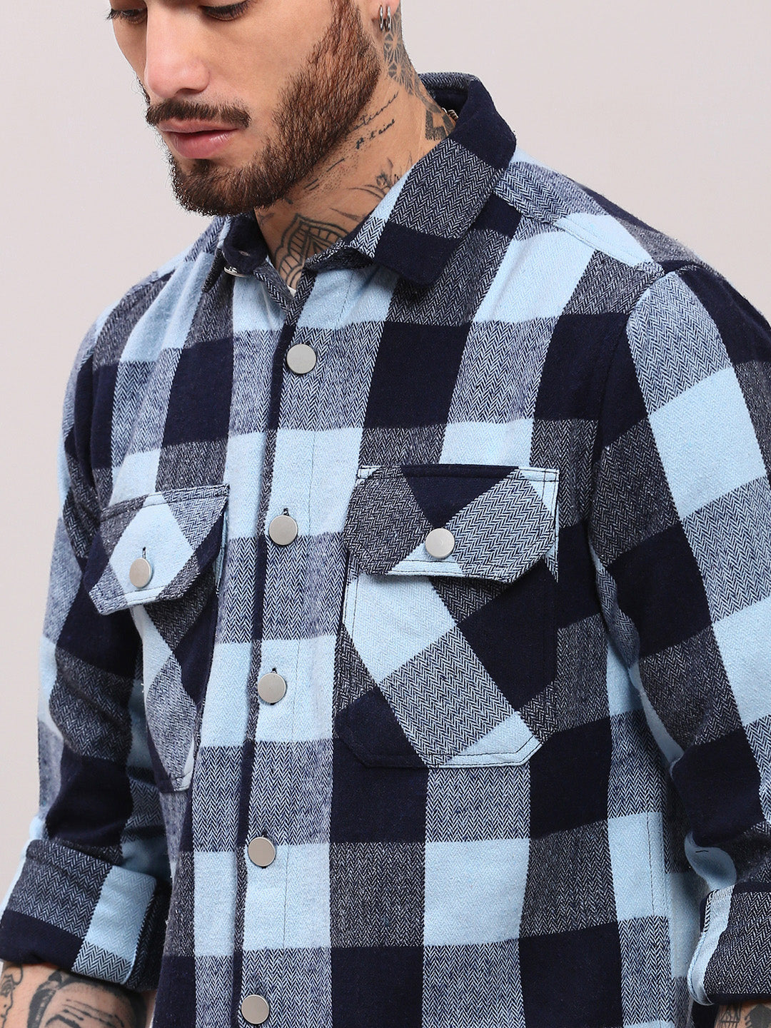 Men Blue Checked Shacket