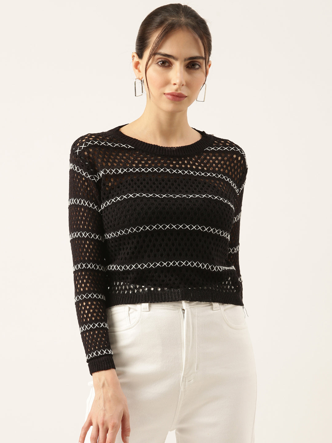 Women's Black Striped Crochet Top