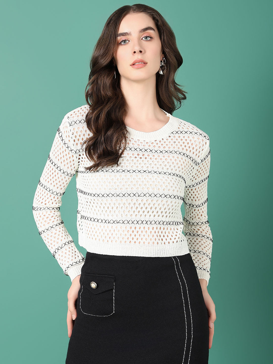 Women White Striped Crochet Top