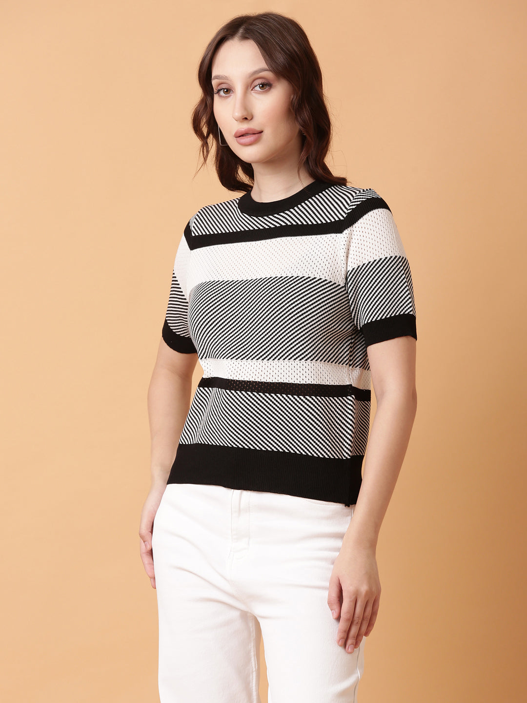 Women Black Striped Crochet Top