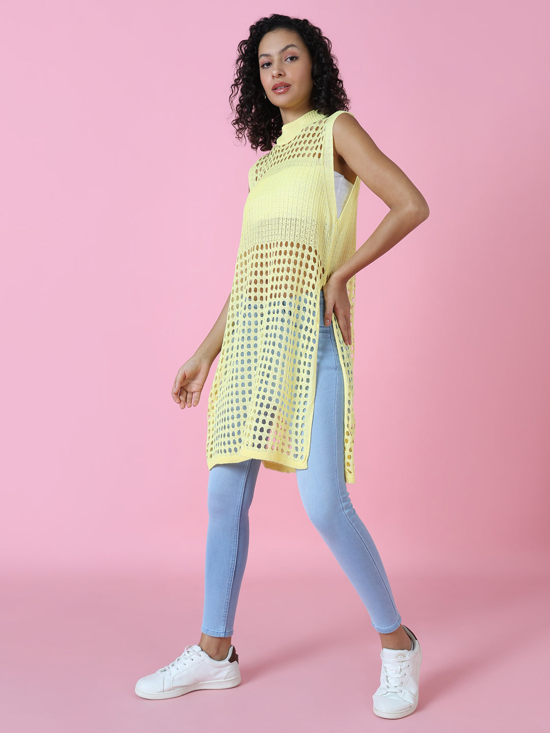 Women Yellow Solid Crochet Longline Top