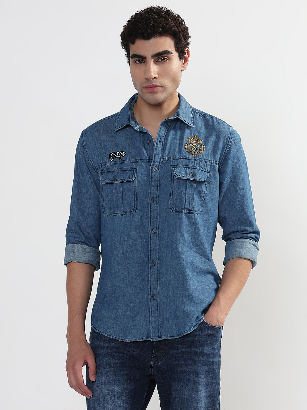 Men's Blue Solid Slim Fit Denim Shirt with Chest Pocket