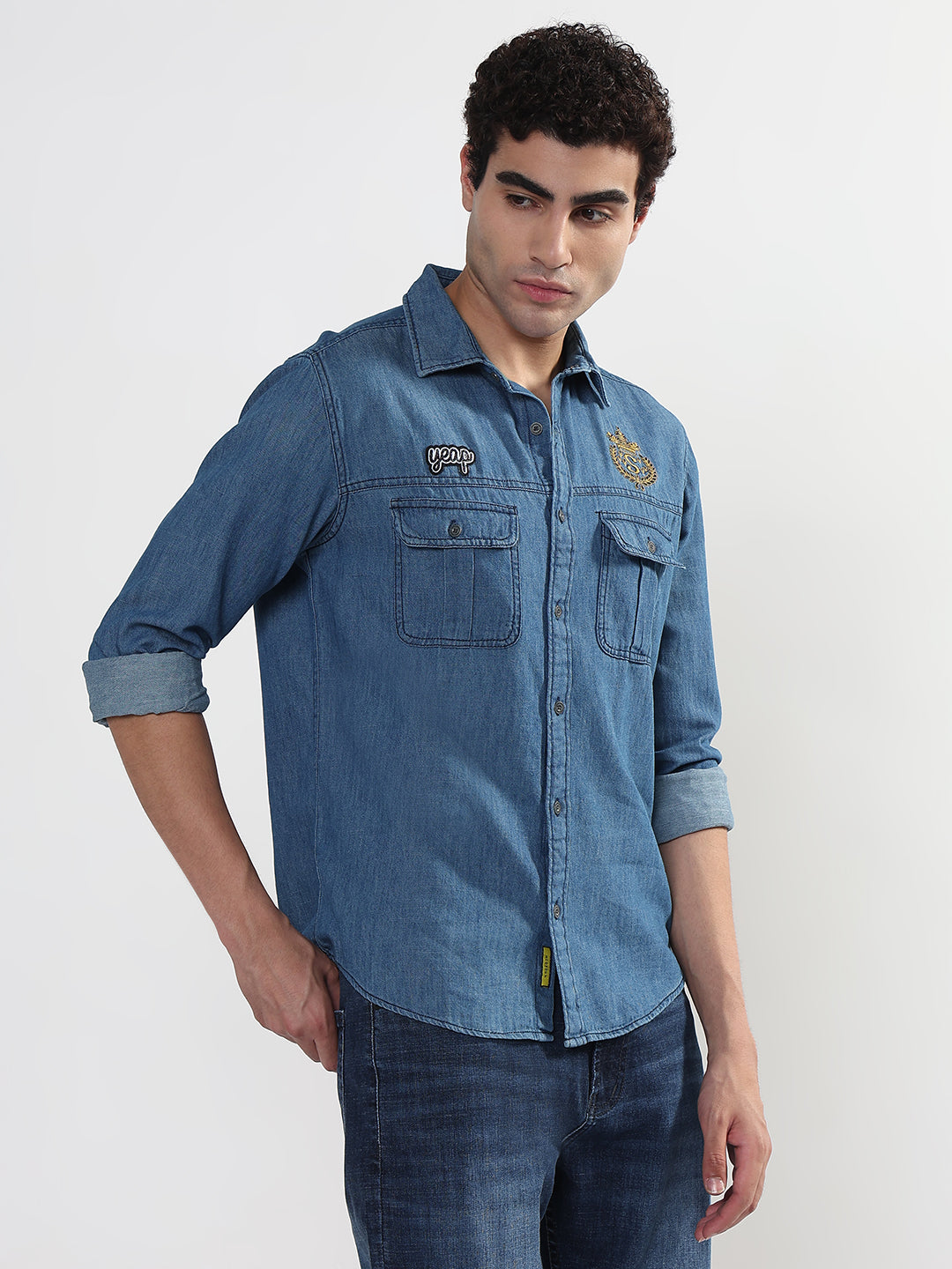 Men's Blue Solid Slim Fit Denim Shirt with Chest Pocket