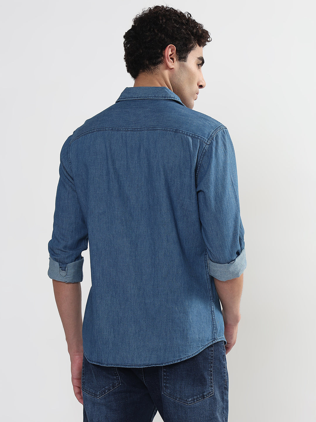 Men's Blue Solid Slim Fit Denim Shirt with Chest Pocket
