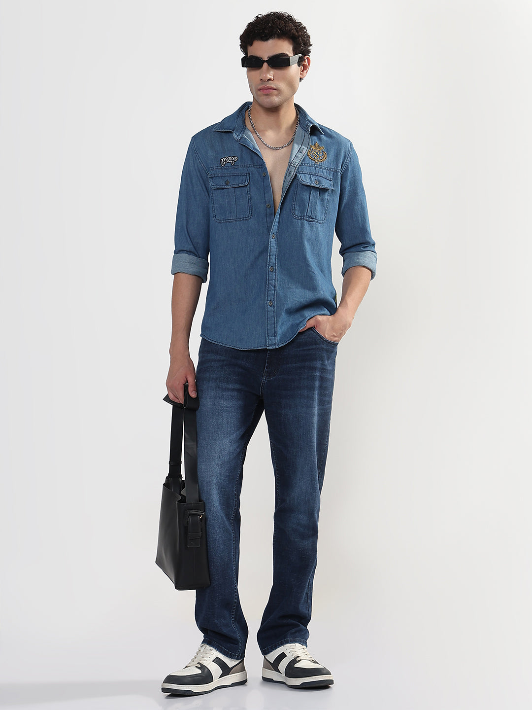 Men's Blue Solid Slim Fit Denim Shirt with Chest Pocket