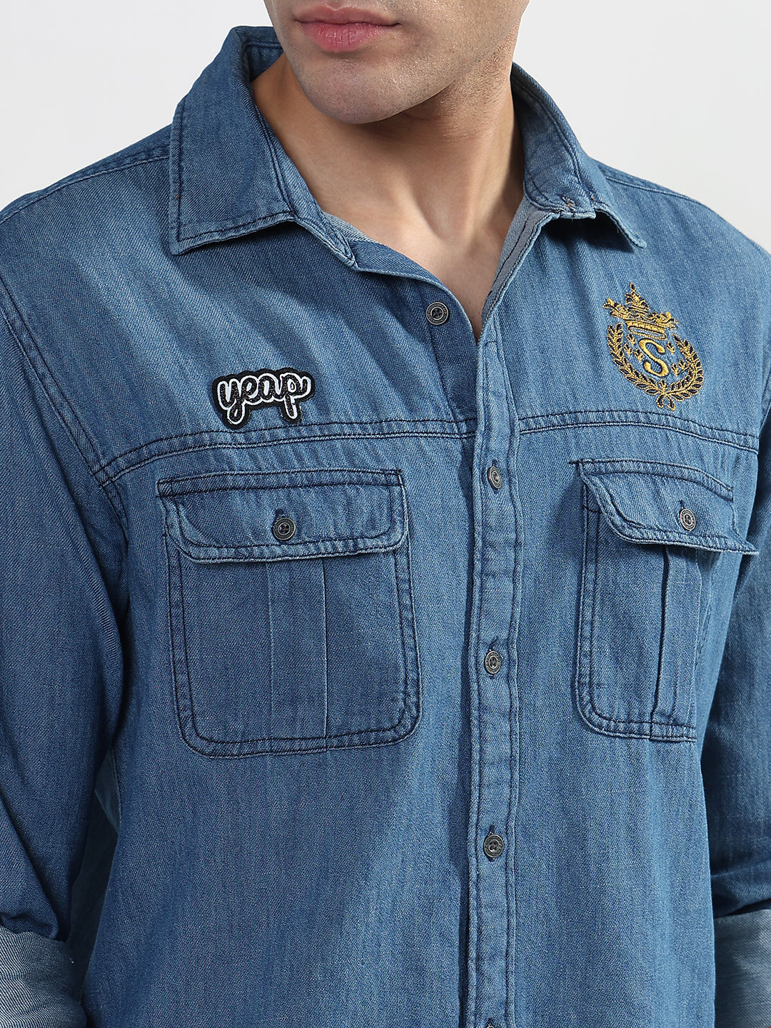 Men's Blue Solid Slim Fit Denim Shirt with Chest Pocket