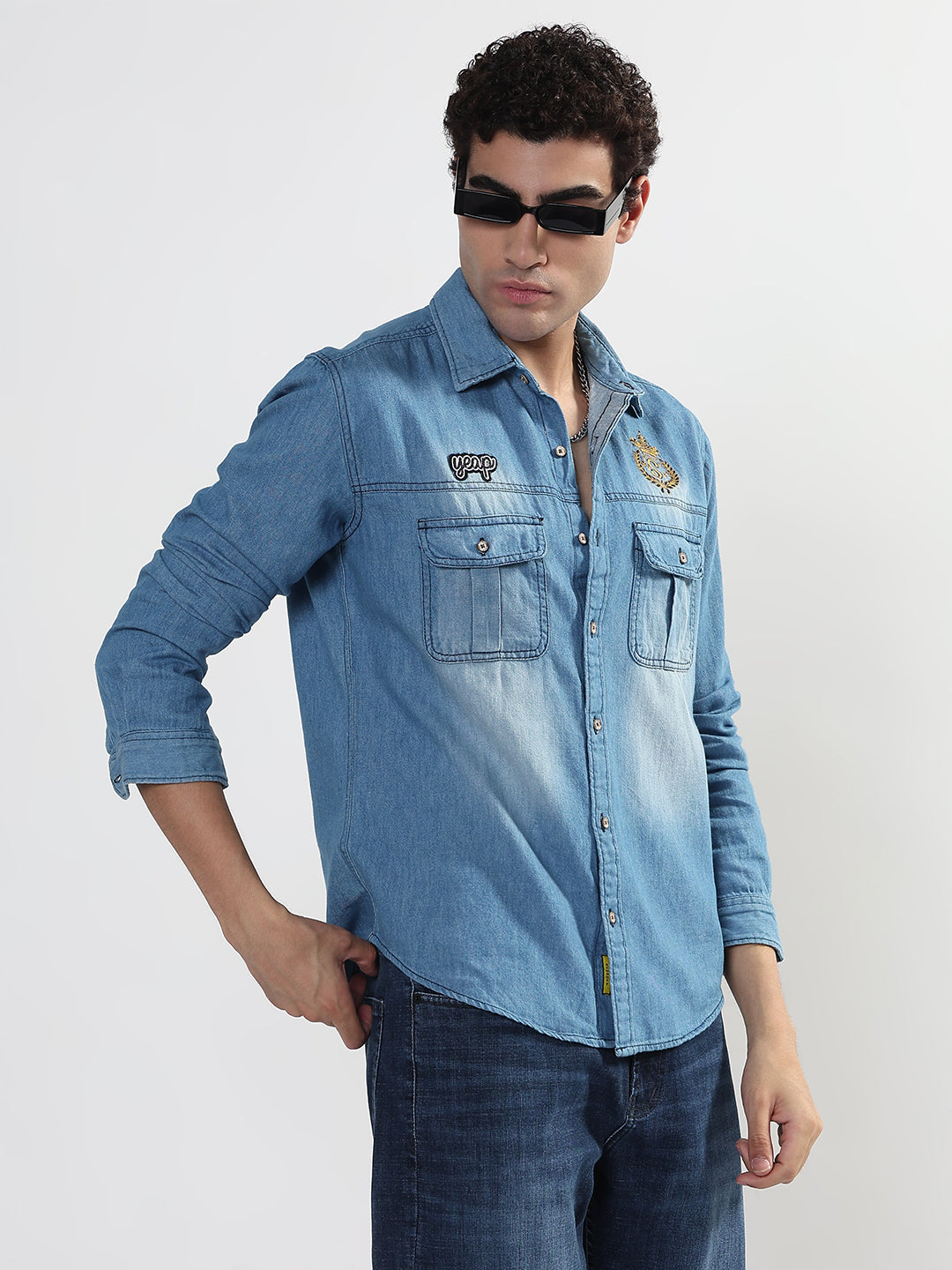 Men's Blue Solid Slim Fit Denim Shirt with Chest Pocket