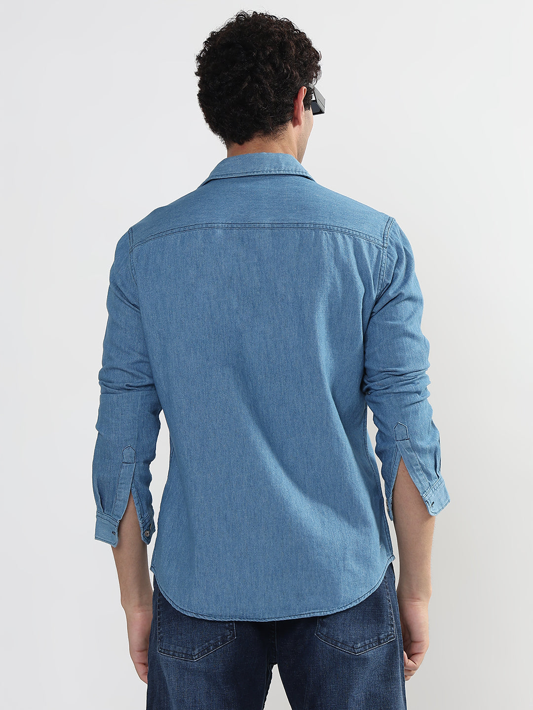 Men's Blue Solid Slim Fit Denim Shirt with Chest Pocket