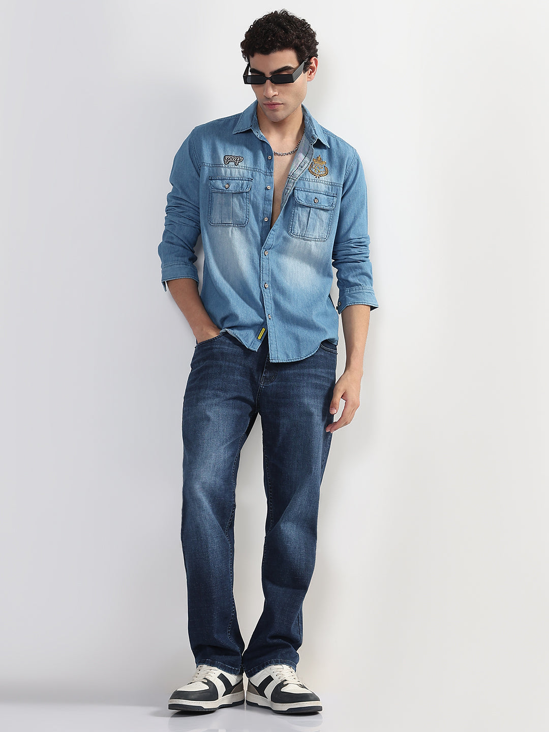Men's Blue Solid Slim Fit Denim Shirt with Chest Pocket