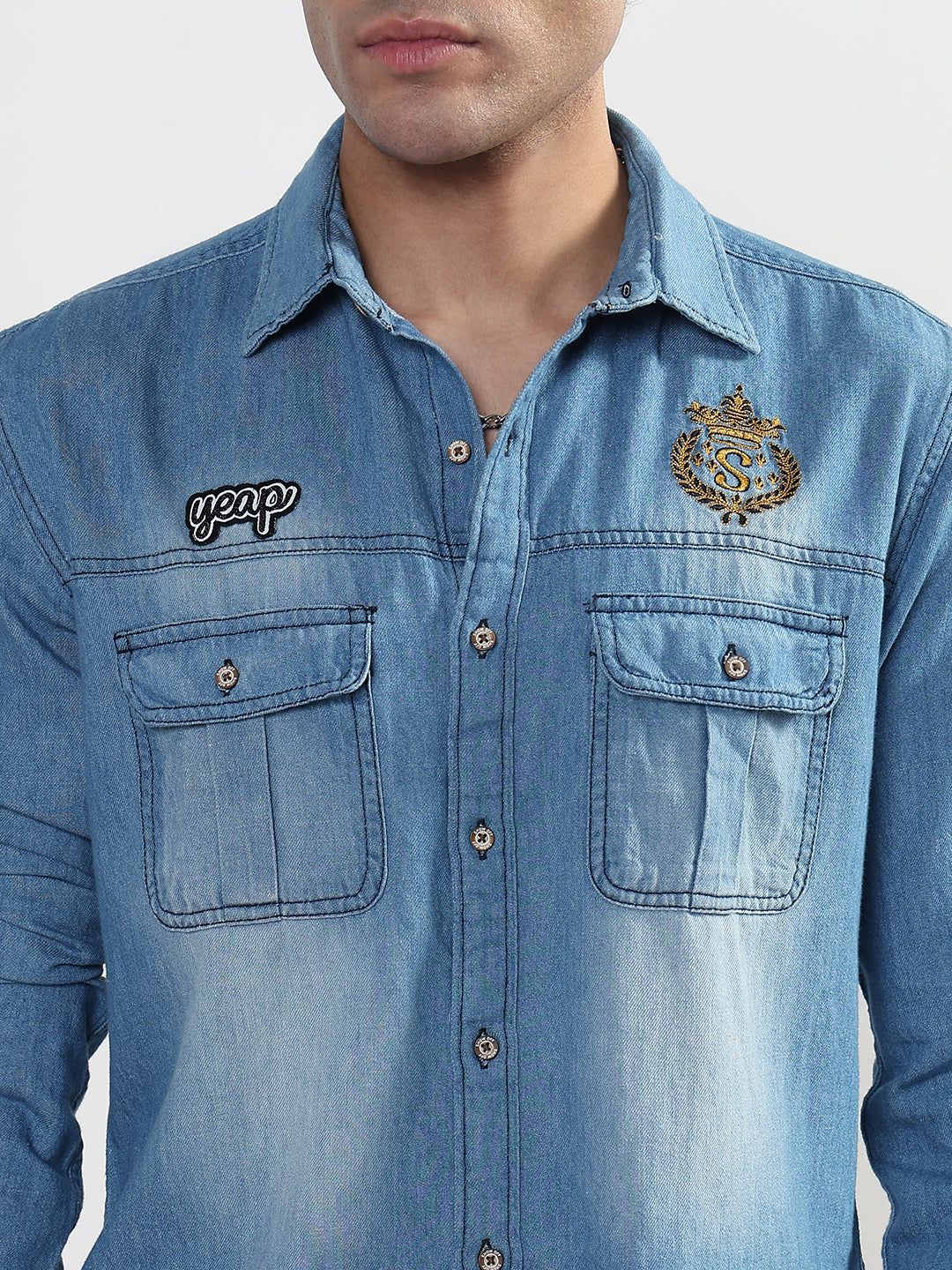 Men's Blue Solid Slim Fit Denim Shirt with Chest Pocket