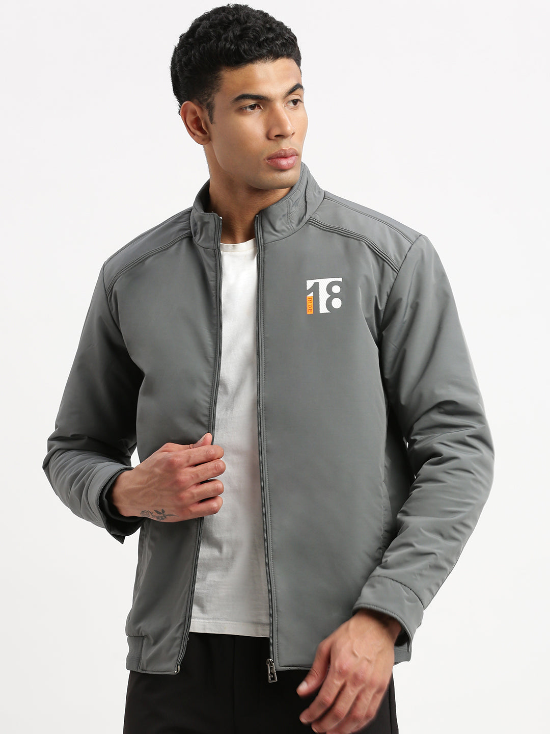 Men Mock Collar Grey Solid Bomber Jacket