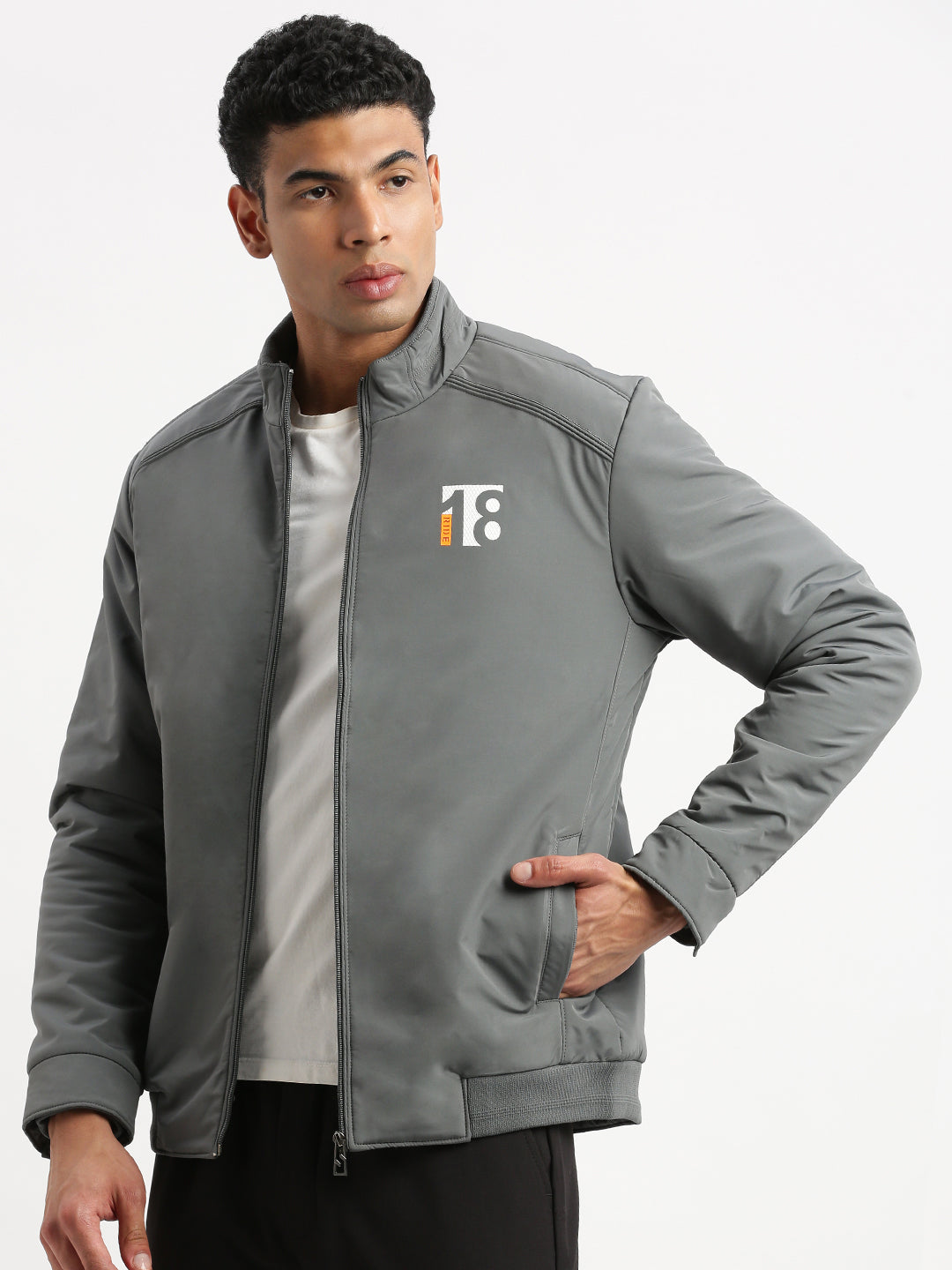 Men Mock Collar Grey Solid Bomber Jacket