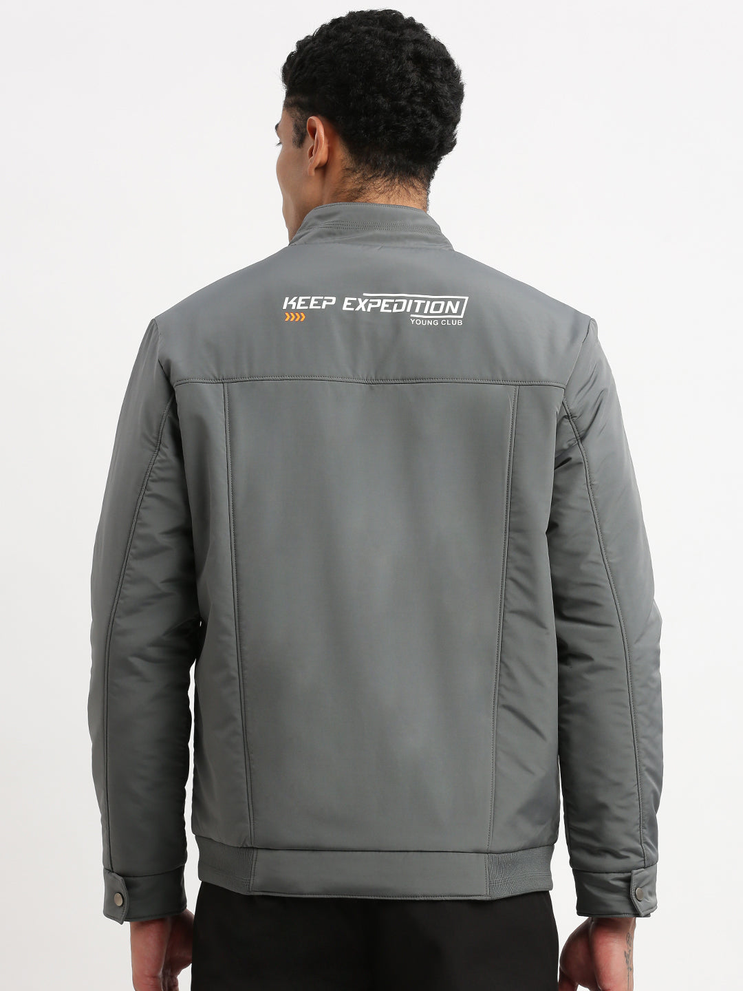 Men Mock Collar Grey Solid Bomber Jacket