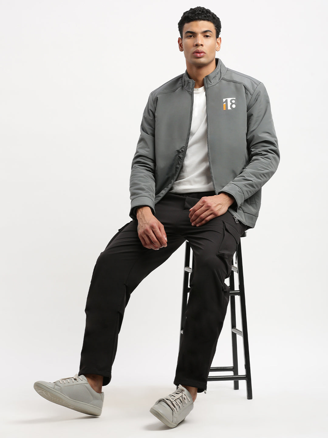 Men Mock Collar Grey Solid Bomber Jacket