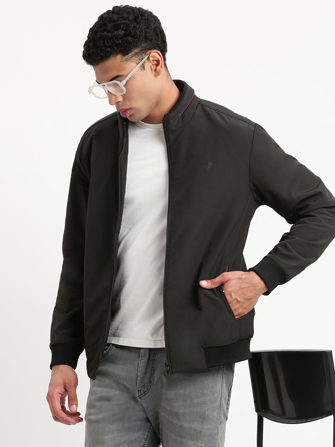 Men Mock Collar Black Solid Bomber Jacket