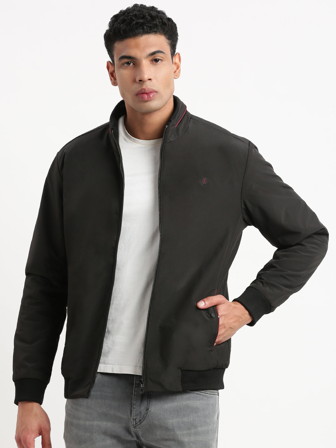 Men Mock Collar Black Solid Bomber Jacket