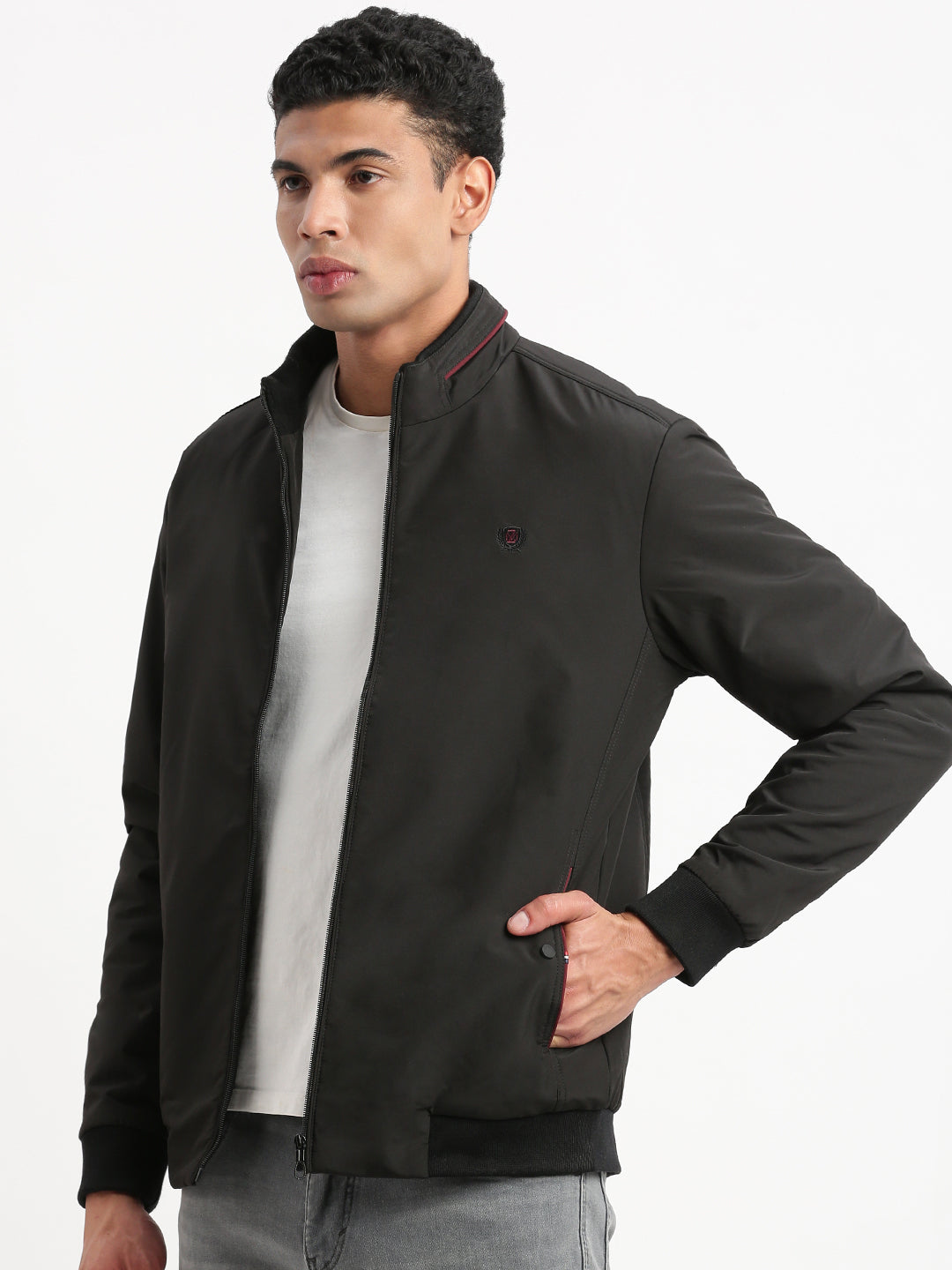 Men Mock Collar Black Solid Bomber Jacket