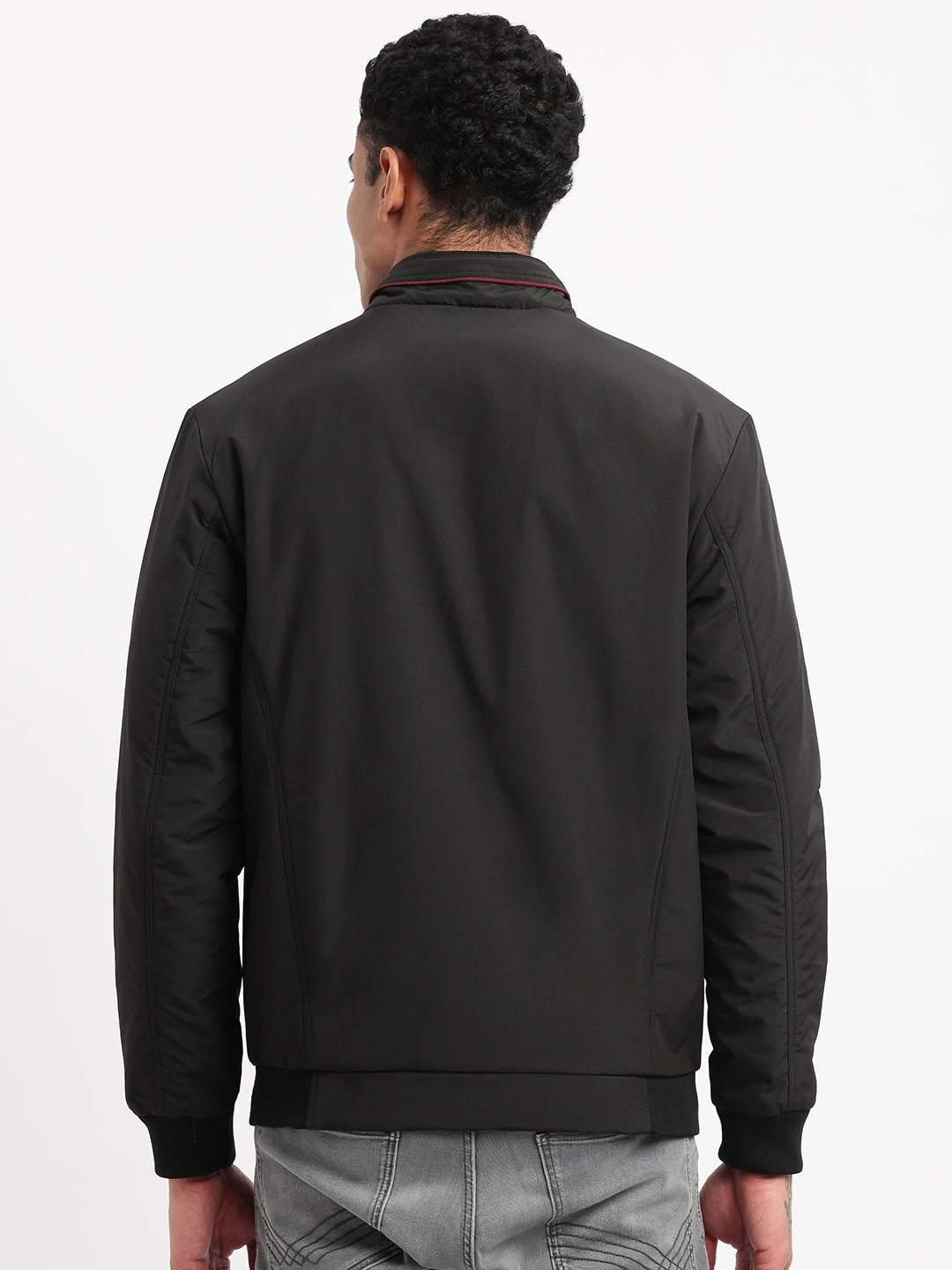 Men Mock Collar Black Solid Bomber Jacket