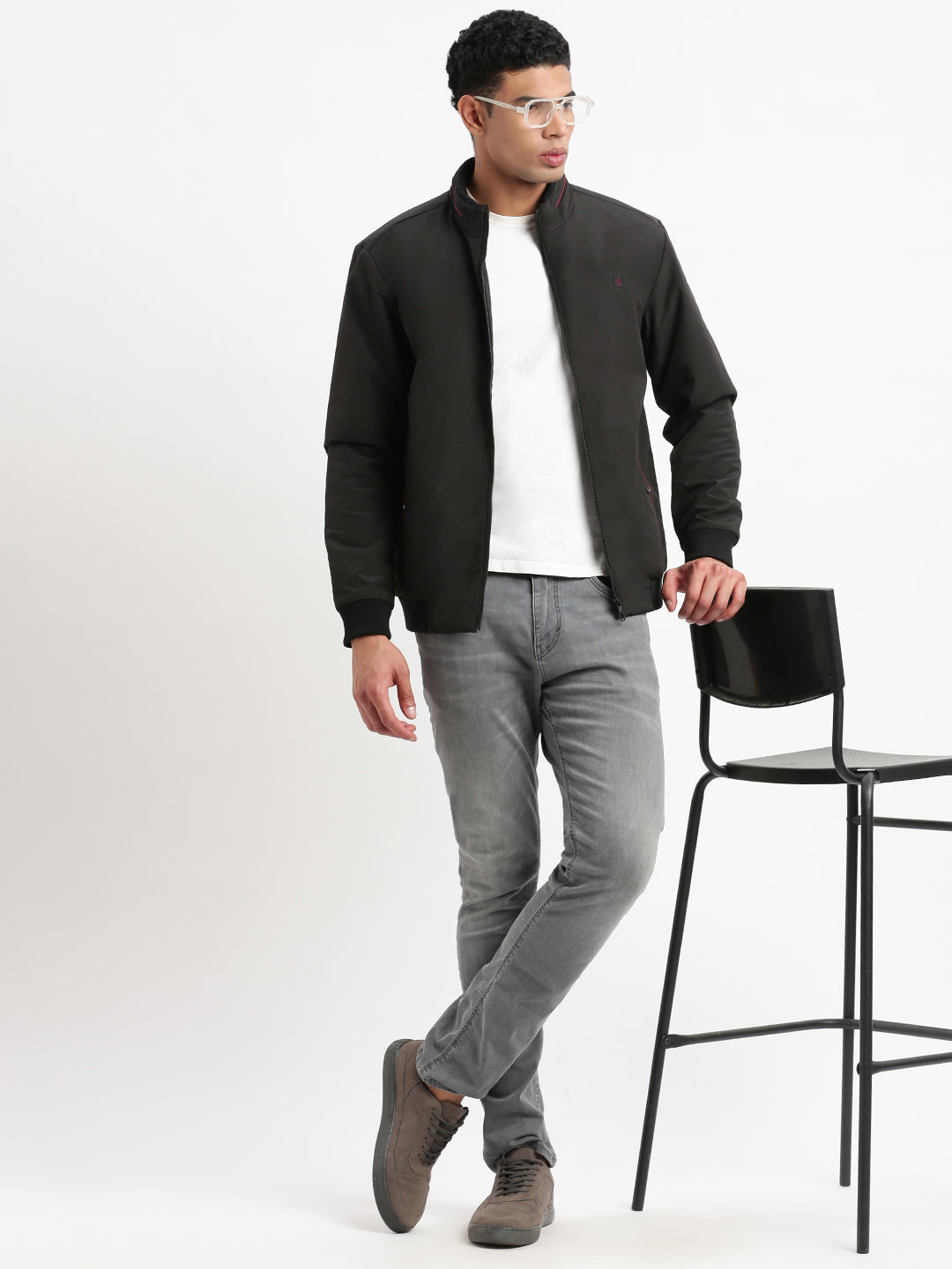 Men Mock Collar Black Solid Bomber Jacket