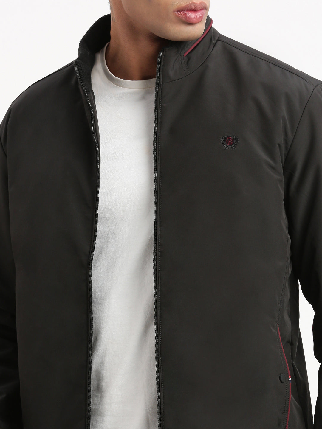 Men Mock Collar Black Solid Bomber Jacket