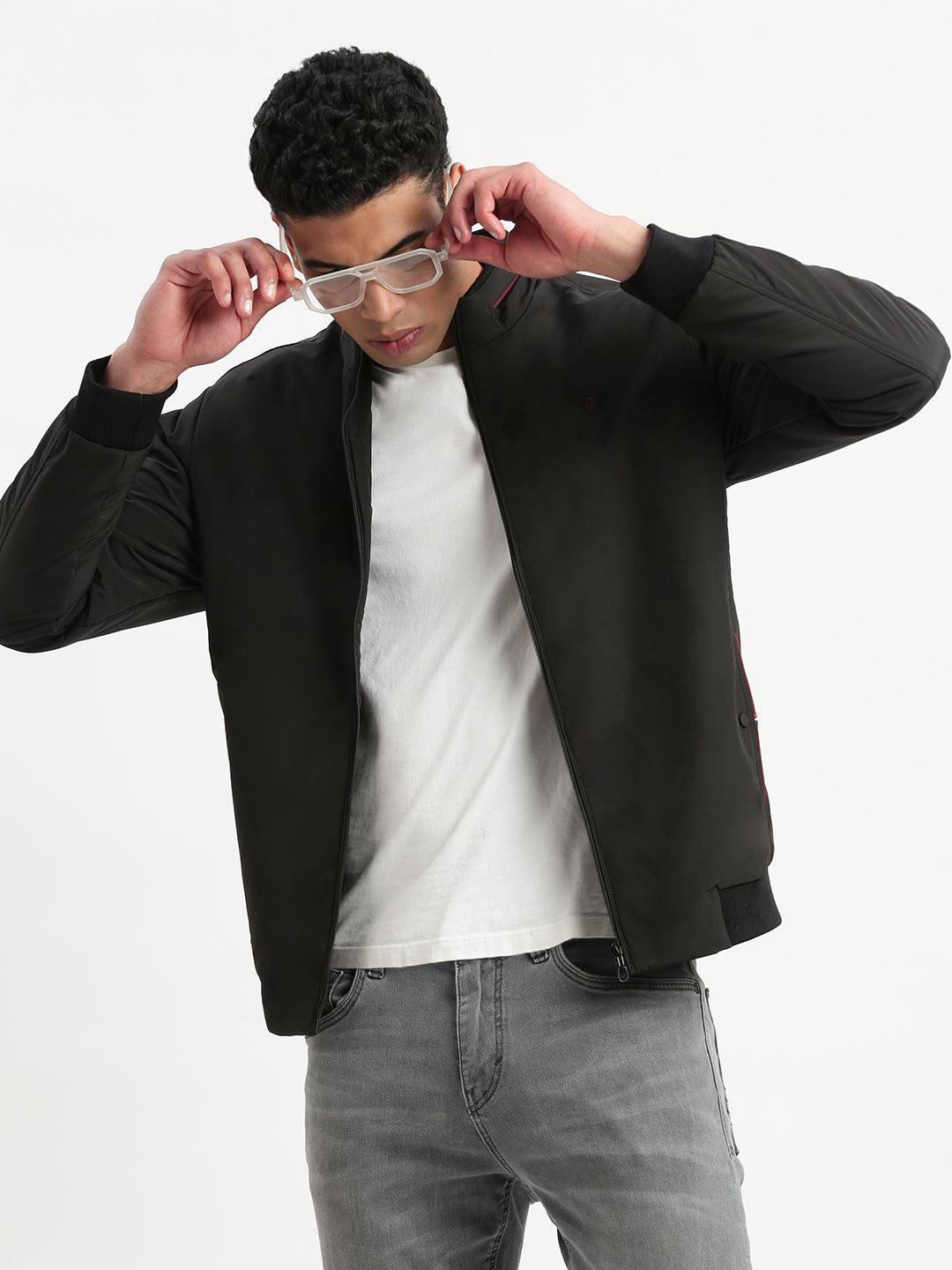 Men Mock Collar Black Solid Bomber Jacket