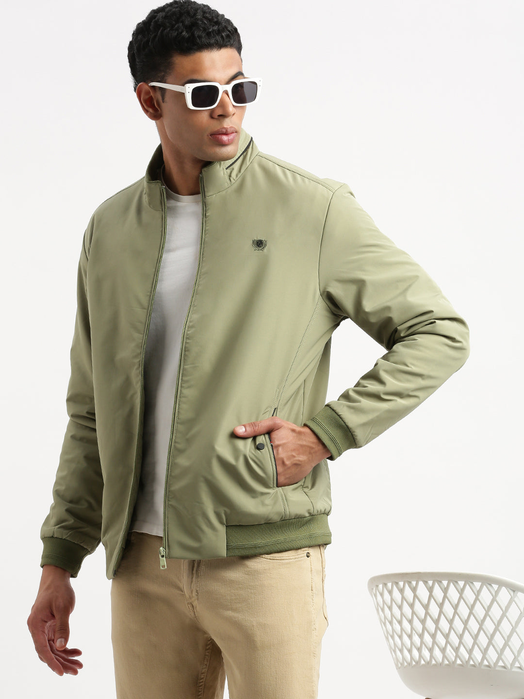 Men Mock Collar Green Solid Bomber Jacket