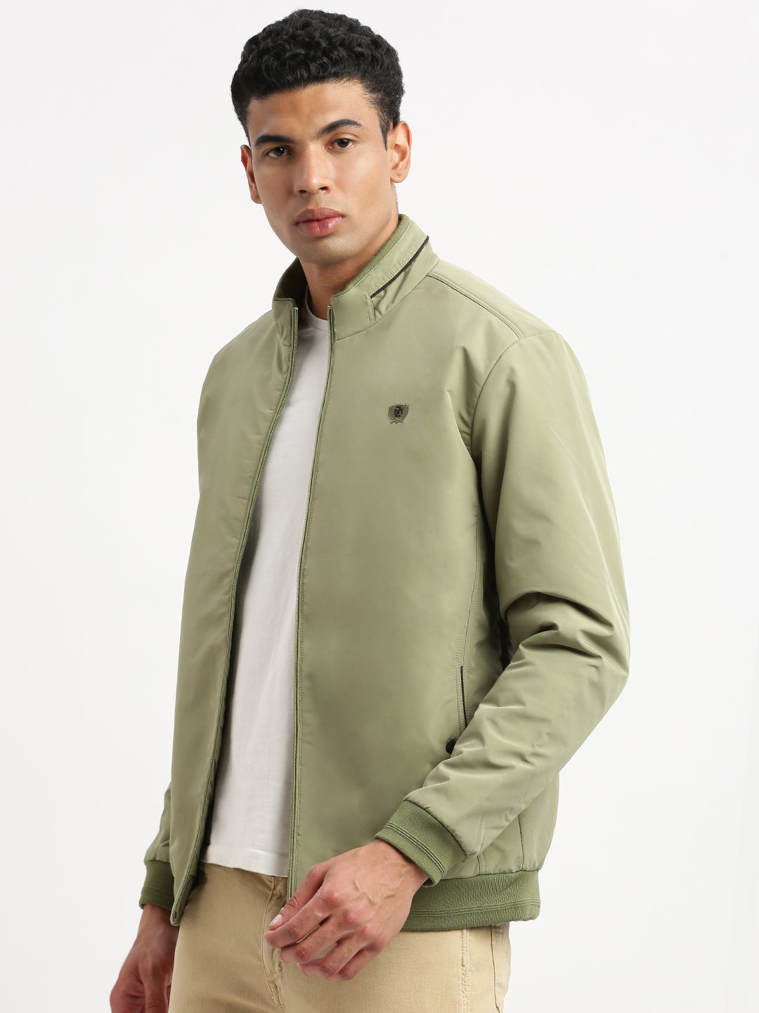 Men Mock Collar Green Solid Bomber Jacket