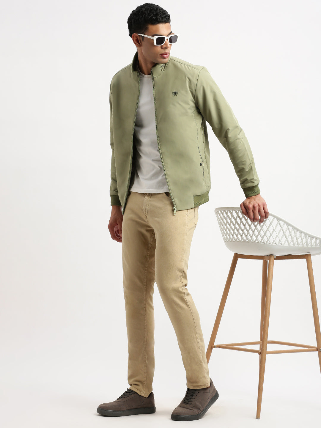 Men Mock Collar Green Solid Bomber Jacket