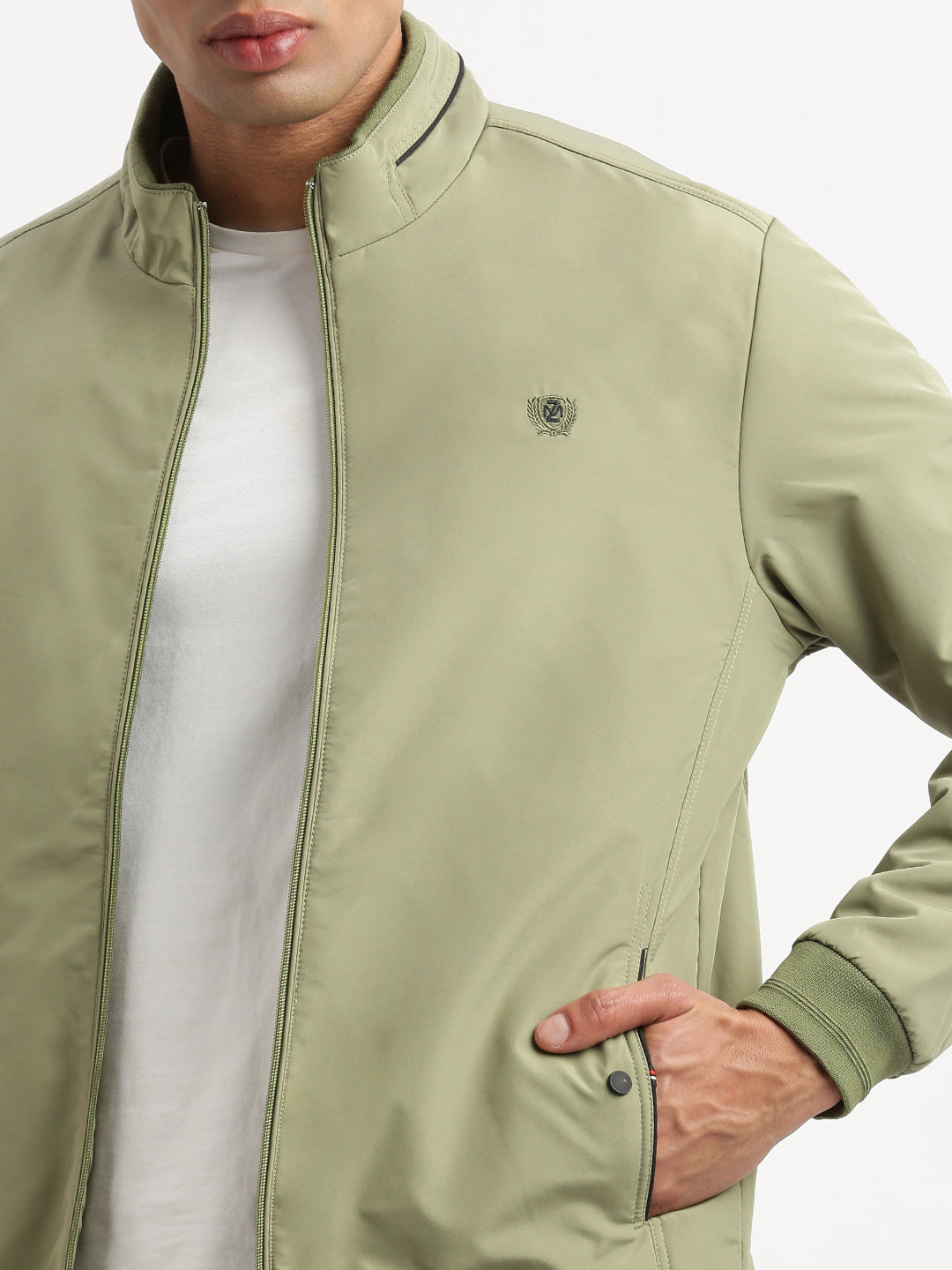 Men Mock Collar Green Solid Bomber Jacket