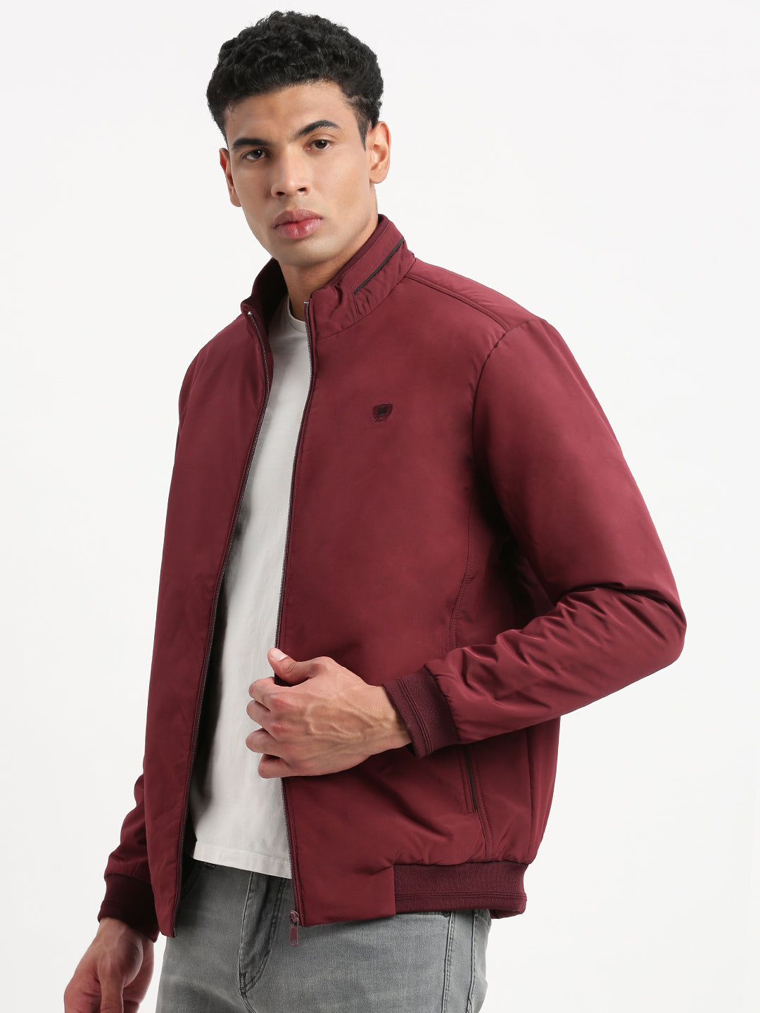 Men Mock Collar Maroon Solid Bomber Jacket