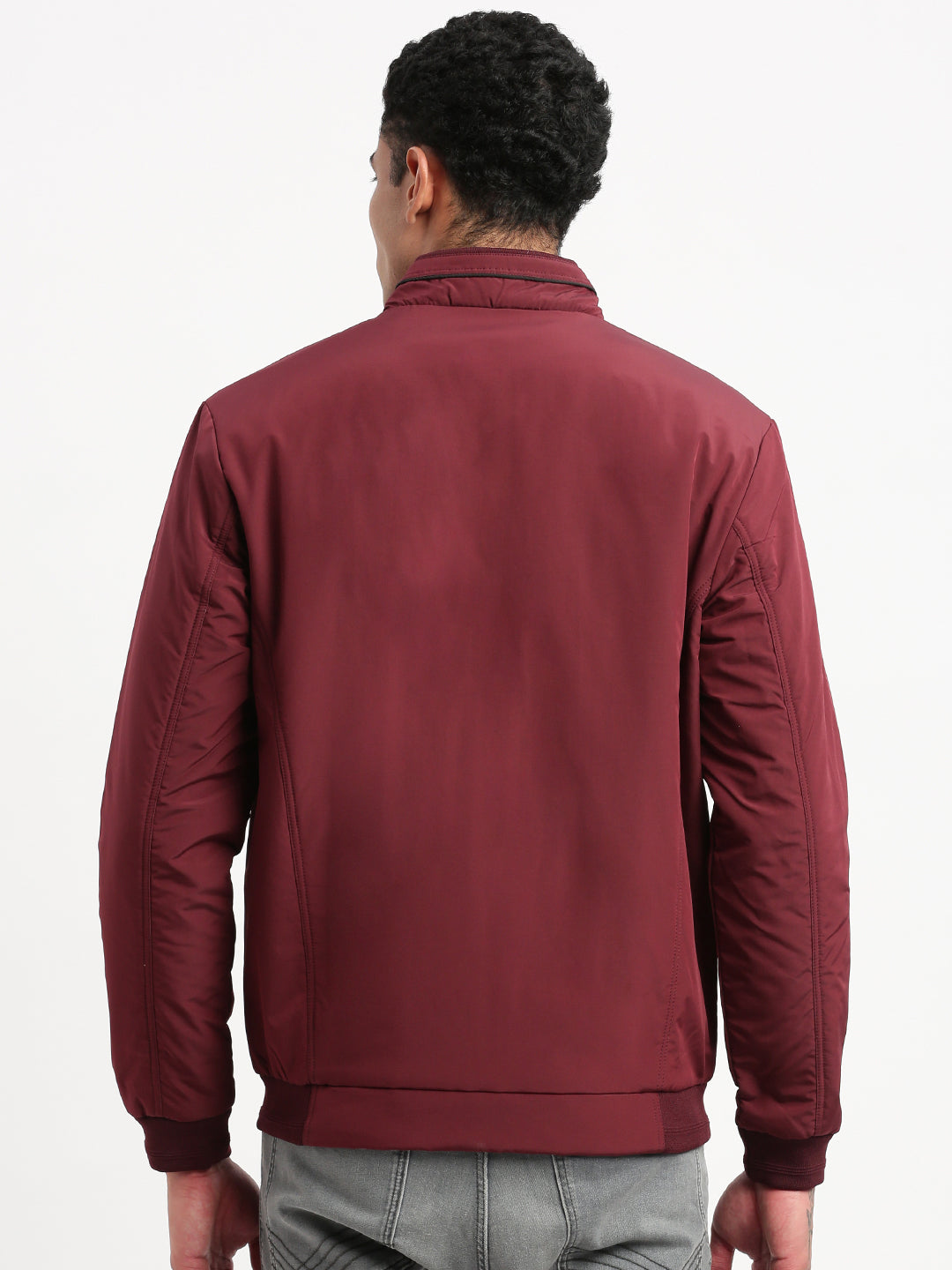 Men Mock Collar Maroon Solid Bomber Jacket