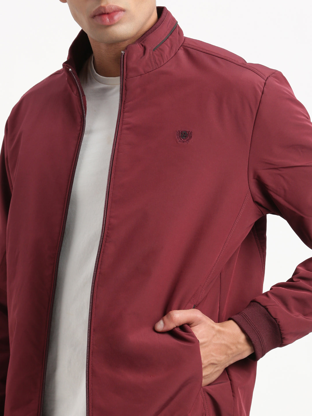 Men Mock Collar Maroon Solid Bomber Jacket