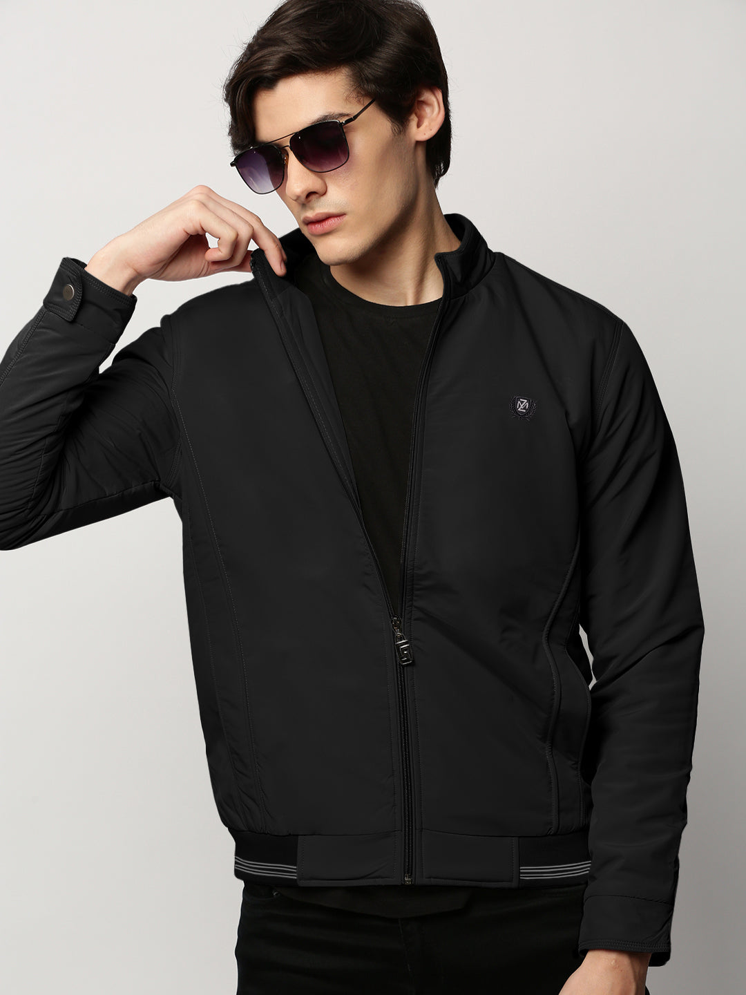 Men's Solid Black Mock Collar Bomber Jacket