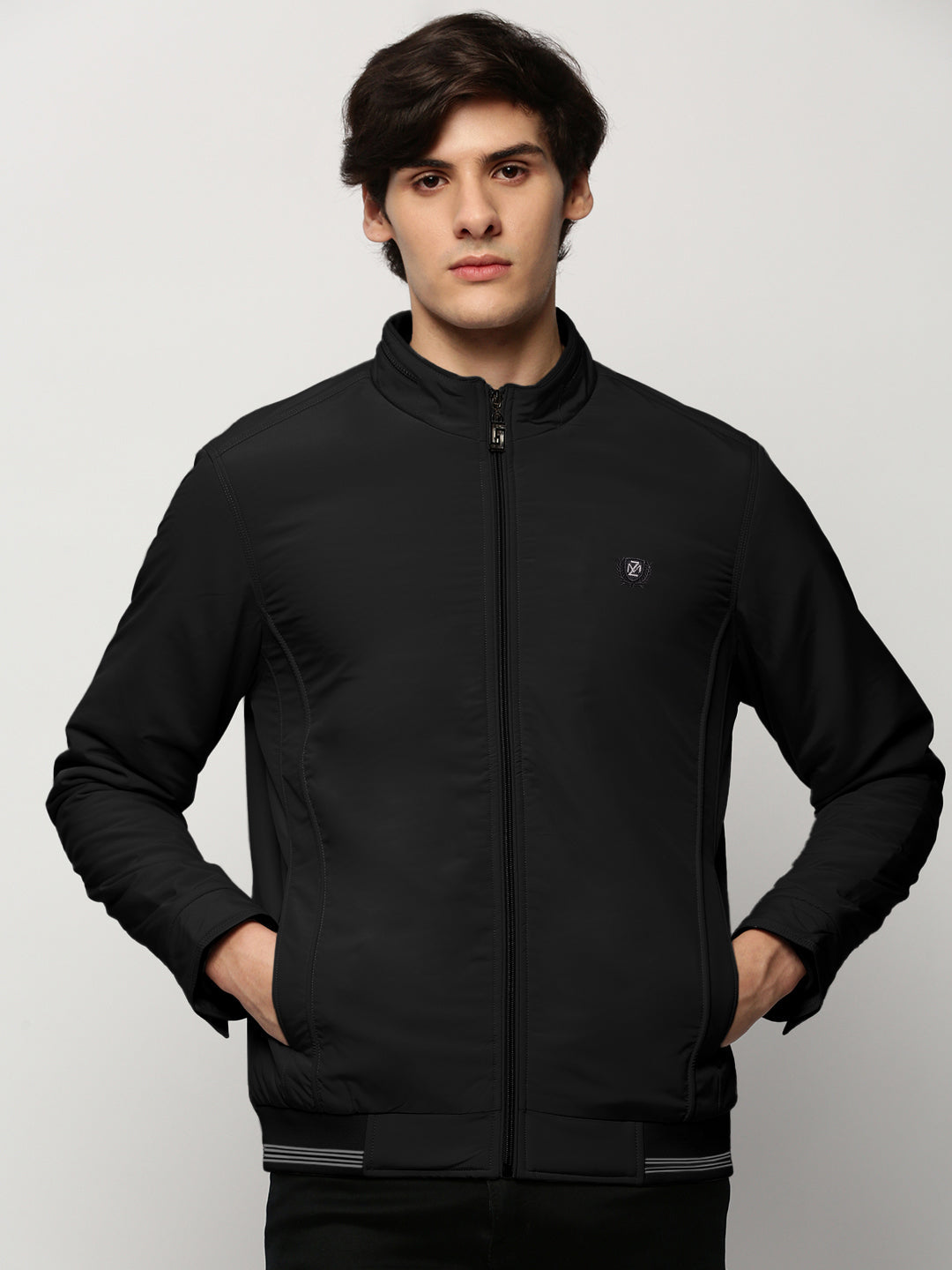 Men's Solid Black Mock Collar Bomber Jacket