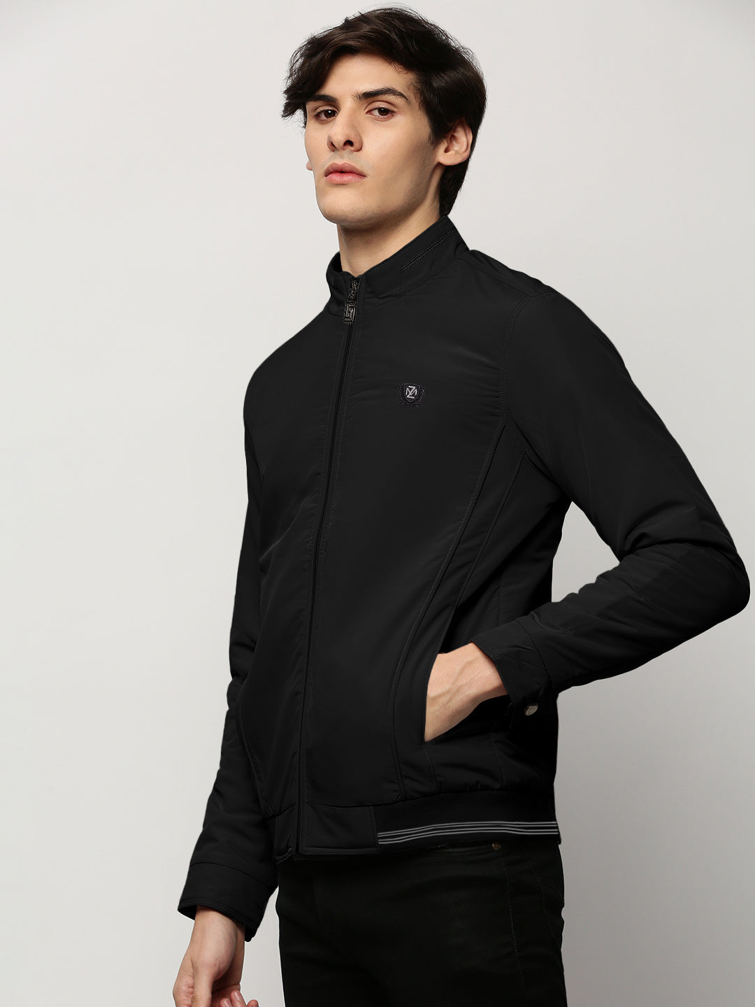 Men's Solid Black Mock Collar Bomber Jacket